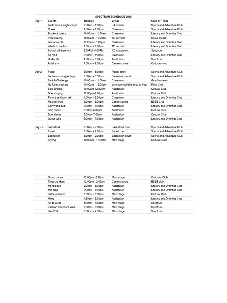 Spectrum Schedule 2026 - Sheet1 | PDF | Entertainment