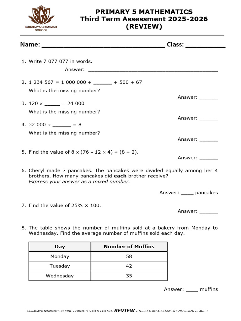(Review) p5 Mathematics Third Term Assessment 2025 - 260228 - 155720 | PDF