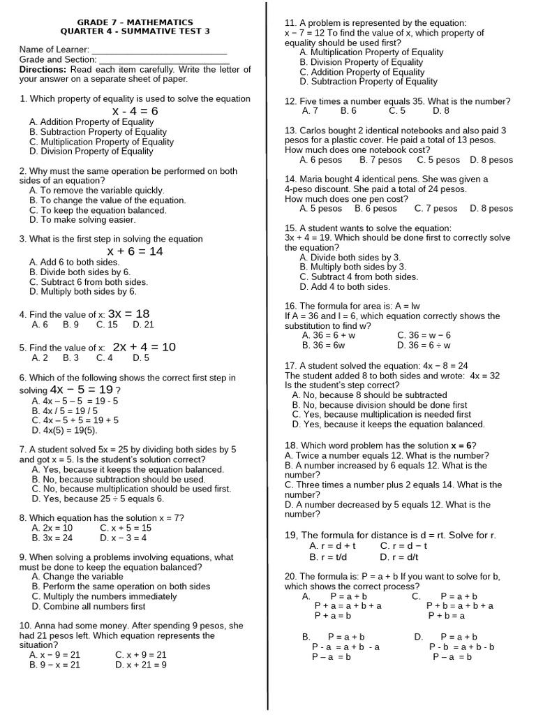 Q4 Summative Test 3 Back To Back | PDF | Subtraction | Equations