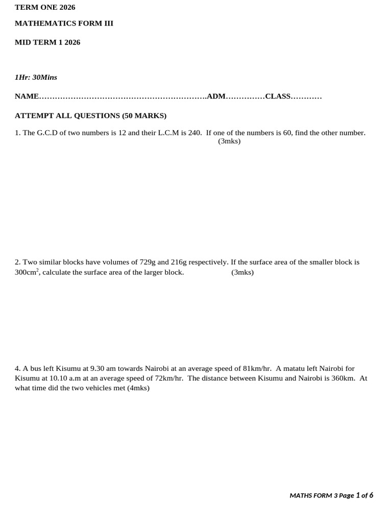 2026 Mathematics f3 Qs t1 Mid Teacher - Co .Ke | PDF | Mathematics