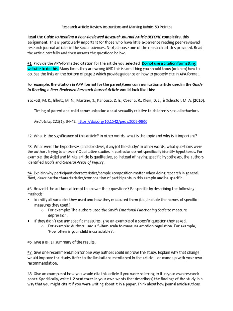 Research Article Review Instructions and Marking Rubric | PDF ...