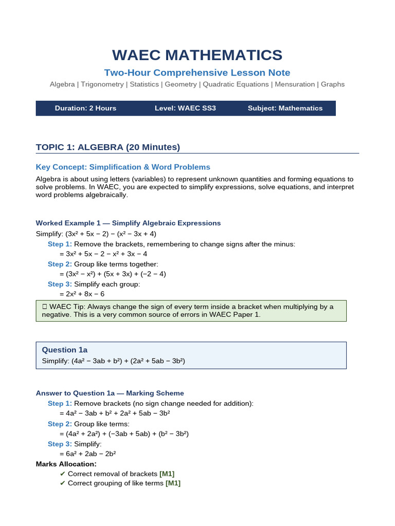 WAEC Mathematics Lesson Note | PDF | Area | Quadratic Equation