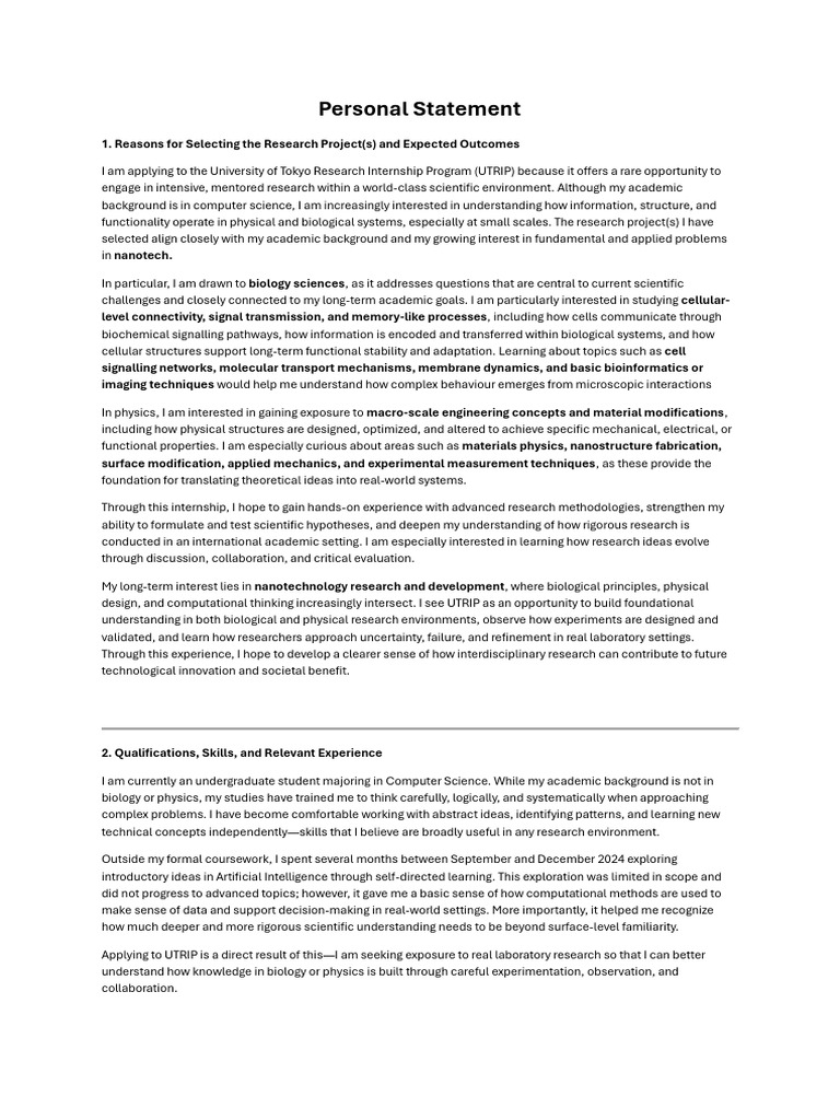 Personal Statement | PDF | Systems Biology | Physics
