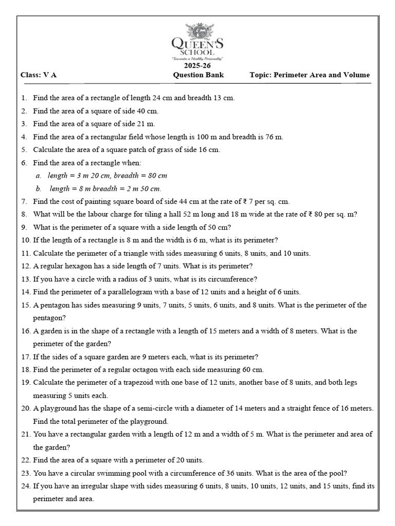 QUESTION BANK 11. Perimeter Area and Volume | PDF | Area | Length