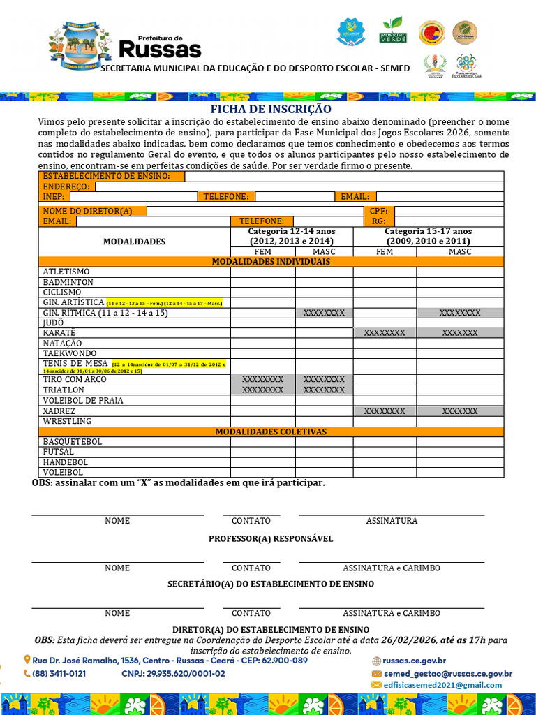 Ficha de Inscrição Jogos Escolares Fase Municipal 2026 Inscrição Da ...