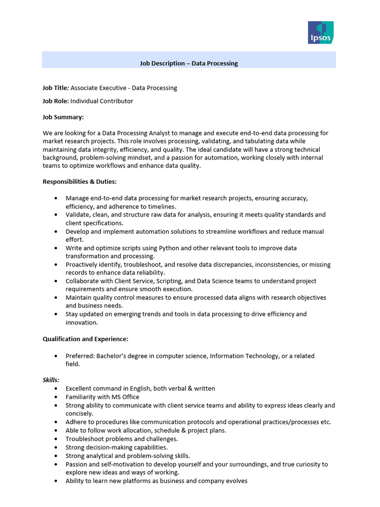 JD - Data Processing - Associate Executive | PDF | Data | Automation