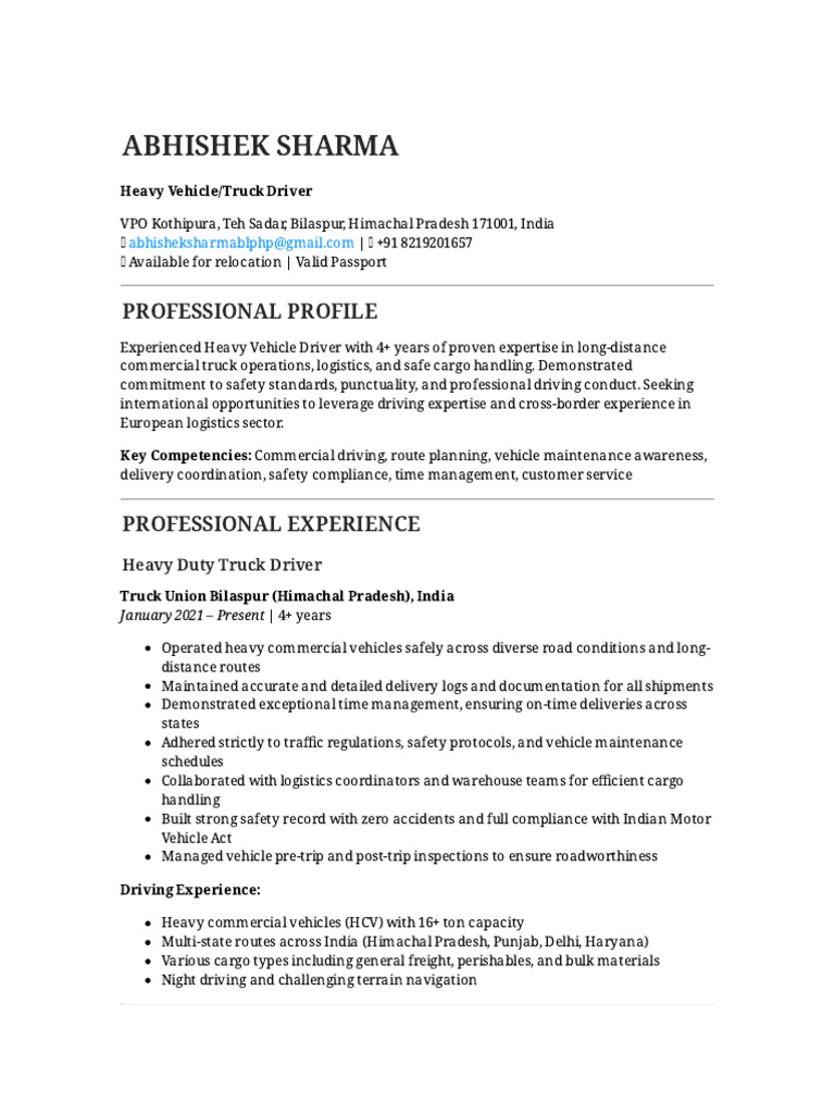 Abhishek Sharma CV | PDF | Cargo | Truck Driver