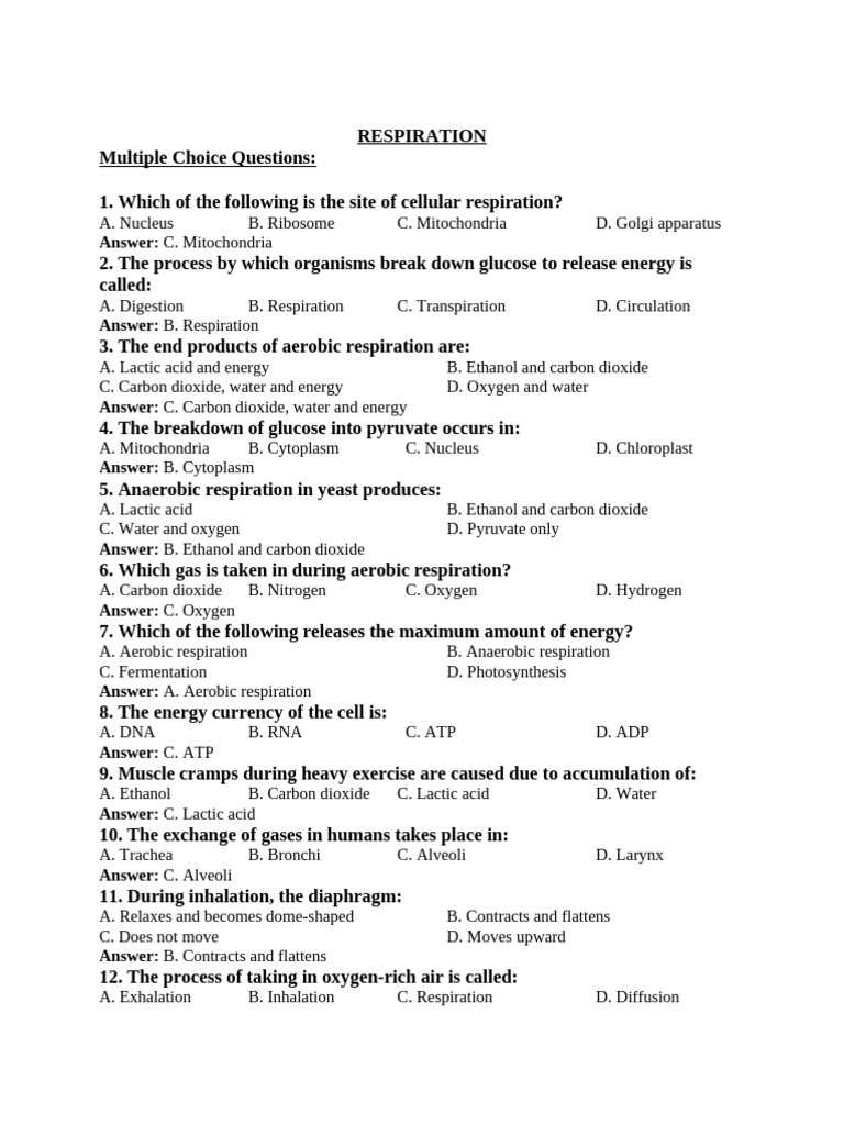 Respiration MCQ With Answers | PDF | Cellular Respiration | Respiratory ...