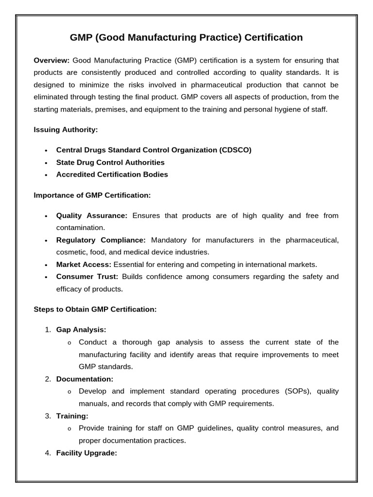 GMP (Good Manufacturing Practice) Certification | PDF | Business