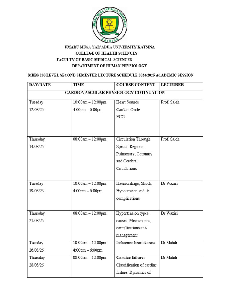 200l Umyu Cvs & Ans Lecture Schedule | PDF | Shock (Circulatory) | Heart