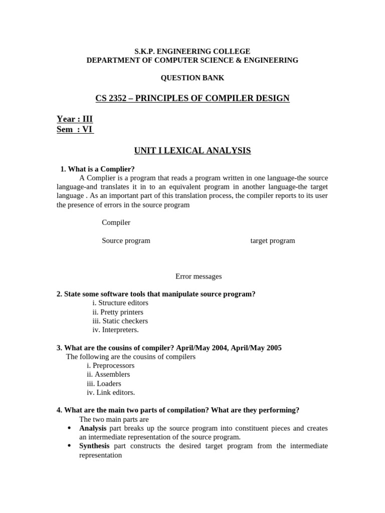 Cs2352 PCD Model Question Bank | PDF | Parsing | Software Engineering