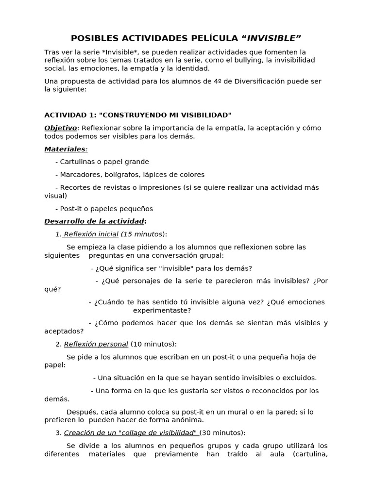 Posibles Actividades Peli INVISIBLE | PDF