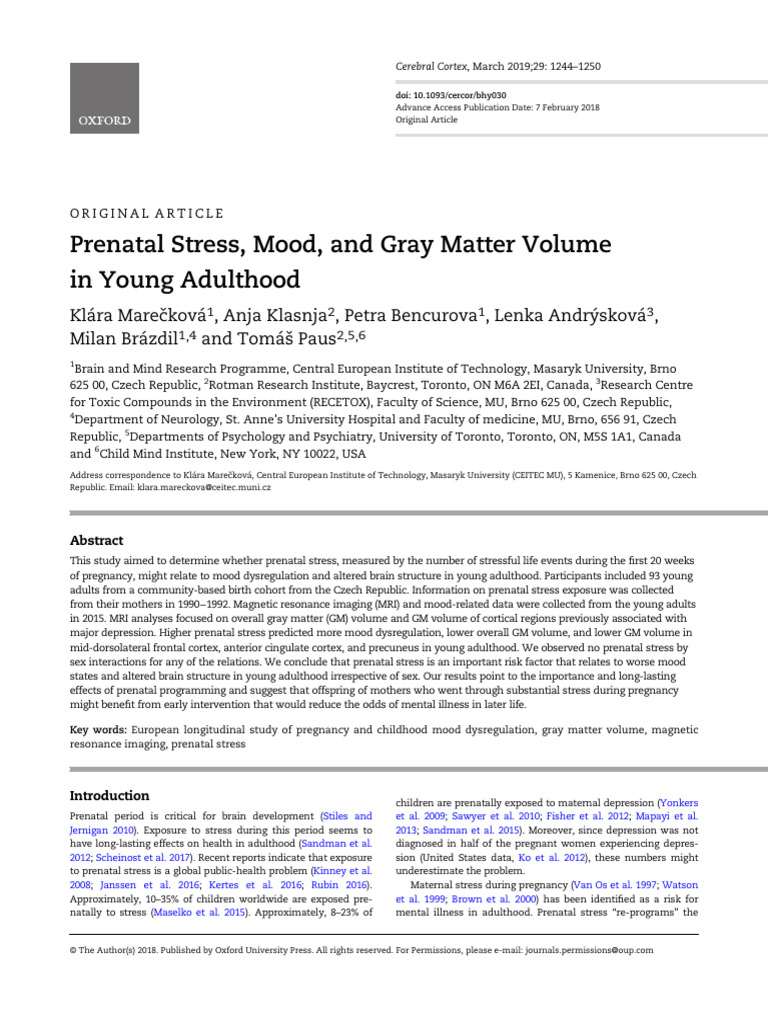 Prenatal Stress, Mood, and Gray Matter Volume in Young Adulthood | PDF ...