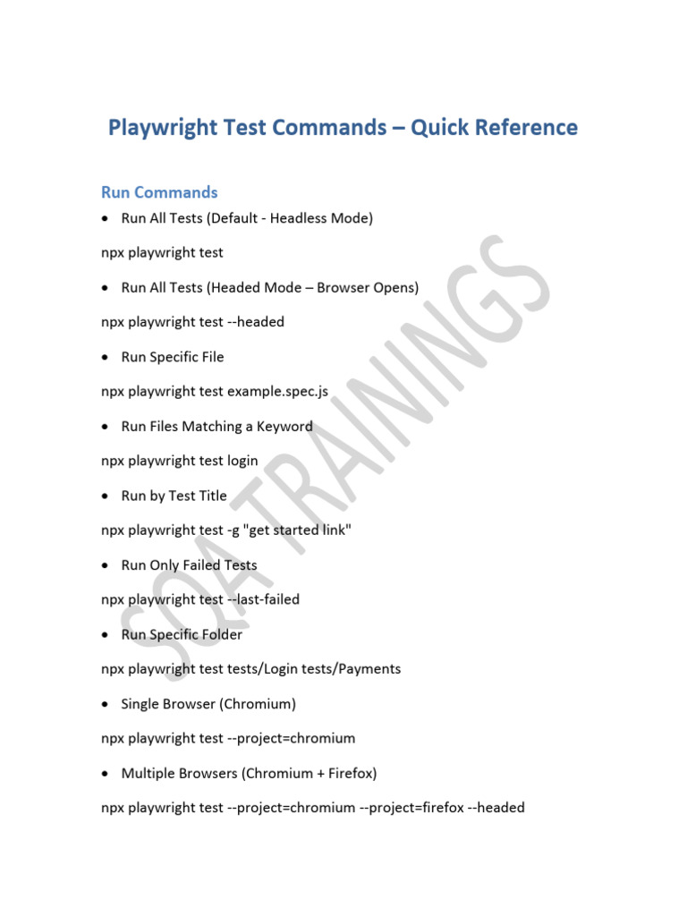 Playwright Test Commands Cheat Sheet Sqa Trainings | PDF