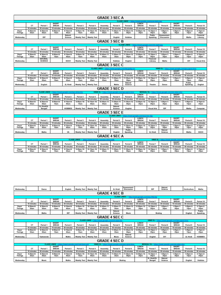 Online Class Time Table 28 08 24 Grade 3 4 | PDF