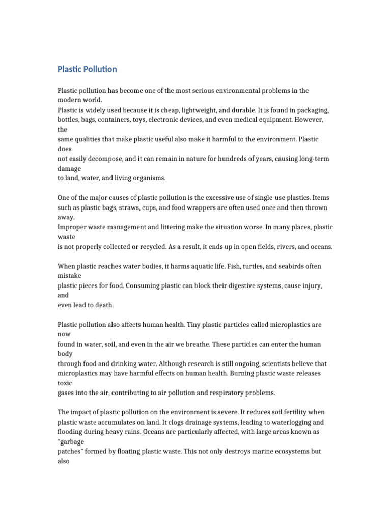 Plastic Pollution Essay | PDF | Plastic | Waste