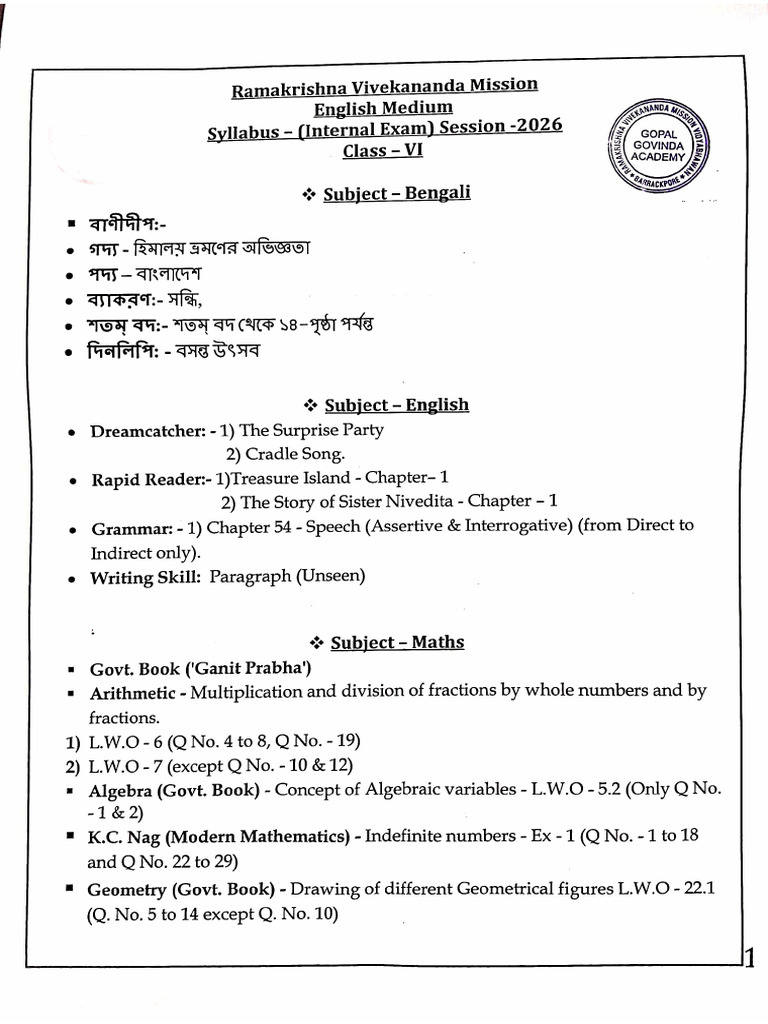 Class - VI Internal Syllabus - 2026 | PDF