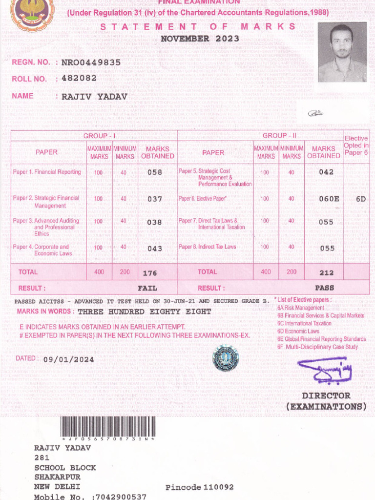 CA Final Gr-2 Marksheet Nov23 | PDF