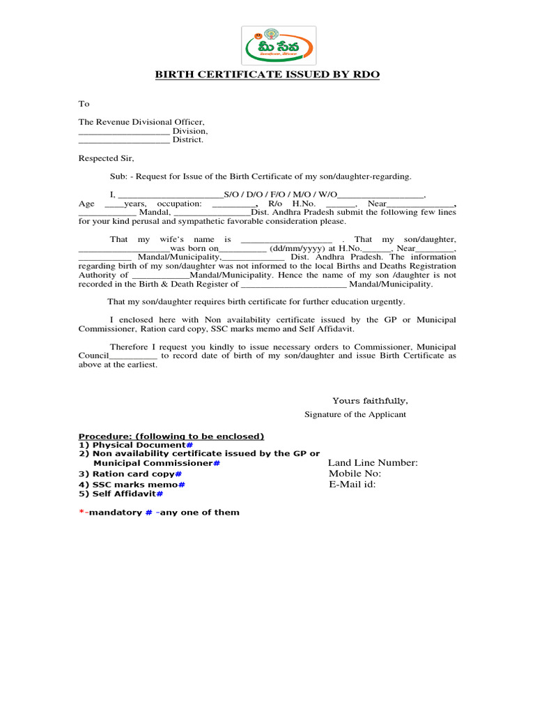 Birth Certificate Issue by RDO Application Form | PDF