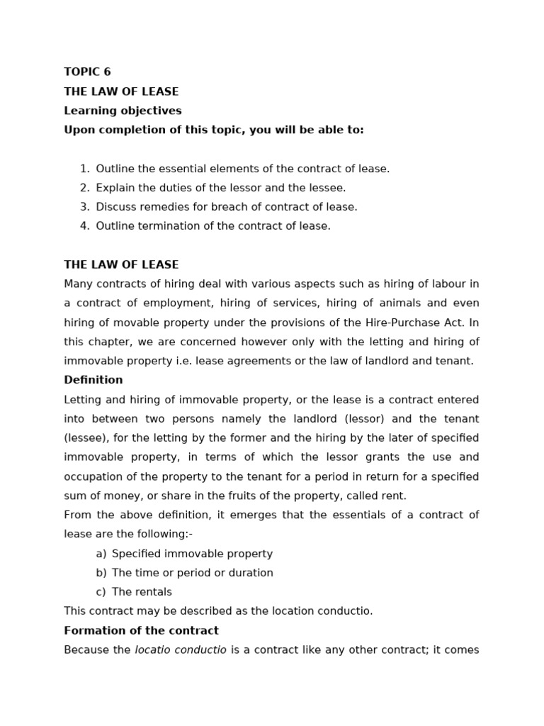 Topic 6 The Law of Lease | PDF | Lease | Leasehold Estate