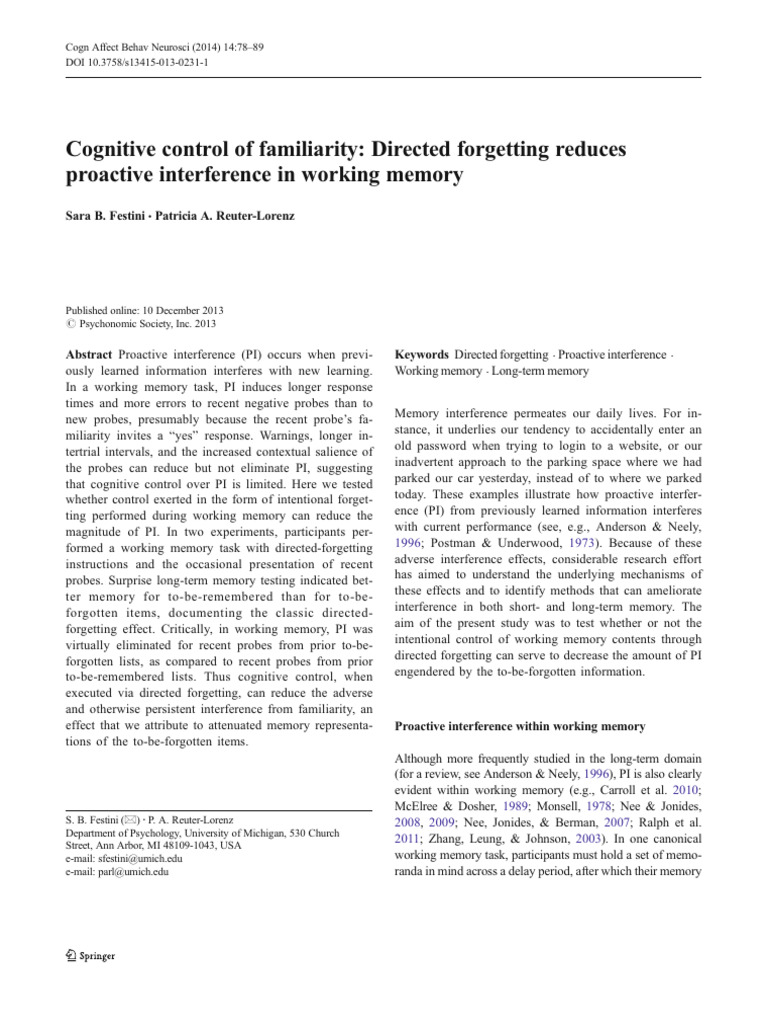 Cognitive Control of Familiarity Directed Forgetting Reduces Proactive ...