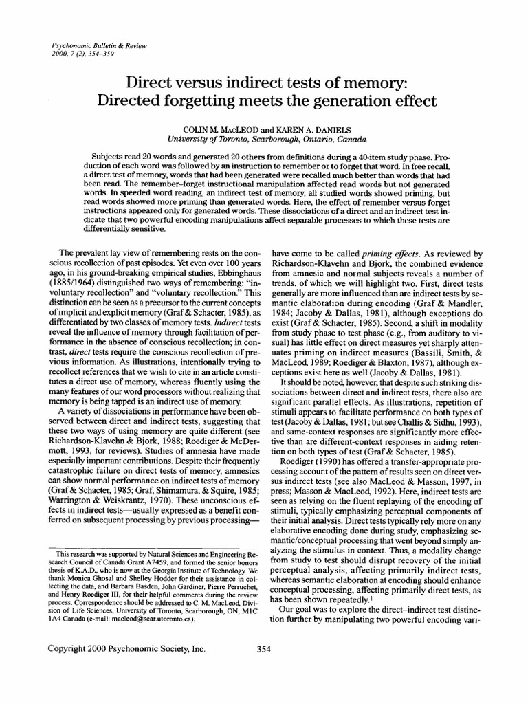 Direct Versus Indirect Tests of Memory Directed Forgetting Meets The ...