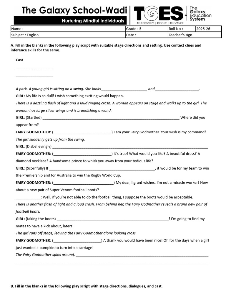 25-26 G5 Stage Directions and Other Features Worksheet | PDF