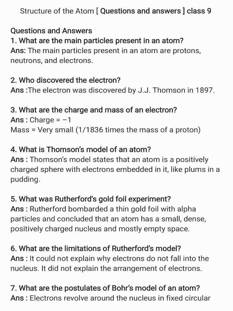 Structure of The Atom (Questions and Answers) | PDF