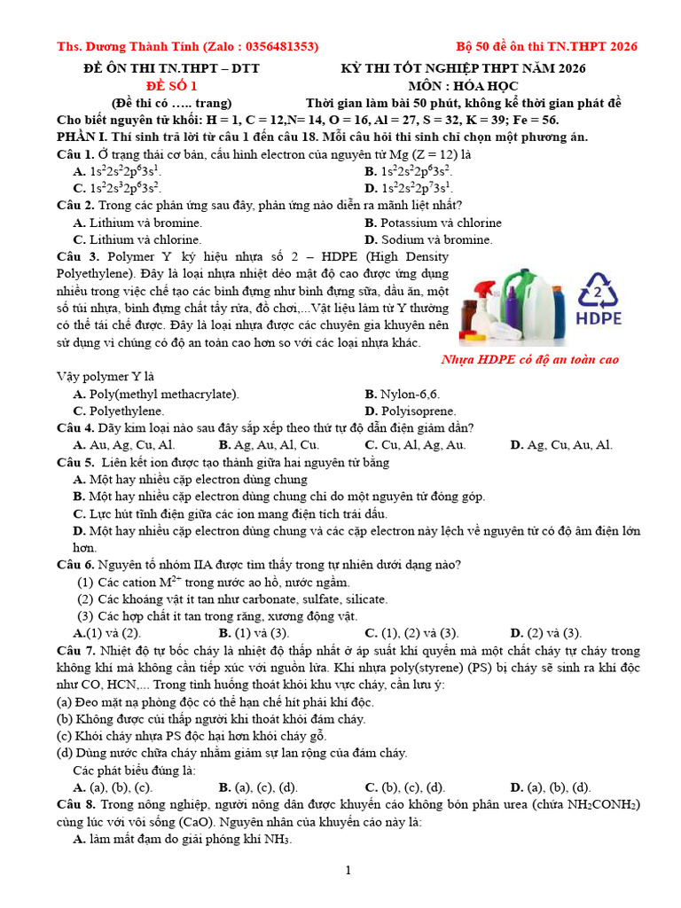 De 1 On TN - THPT 2026 - DTT | PDF