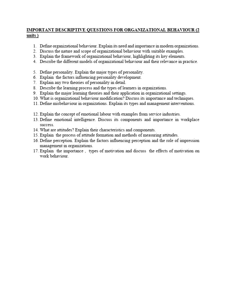 Important Descriptive Questions For Organizational Behaviour | PDF
