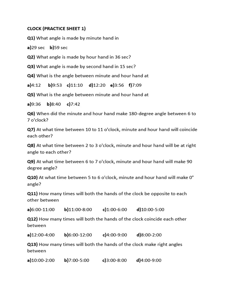 Clock - Practice Sheet 1 | PDF