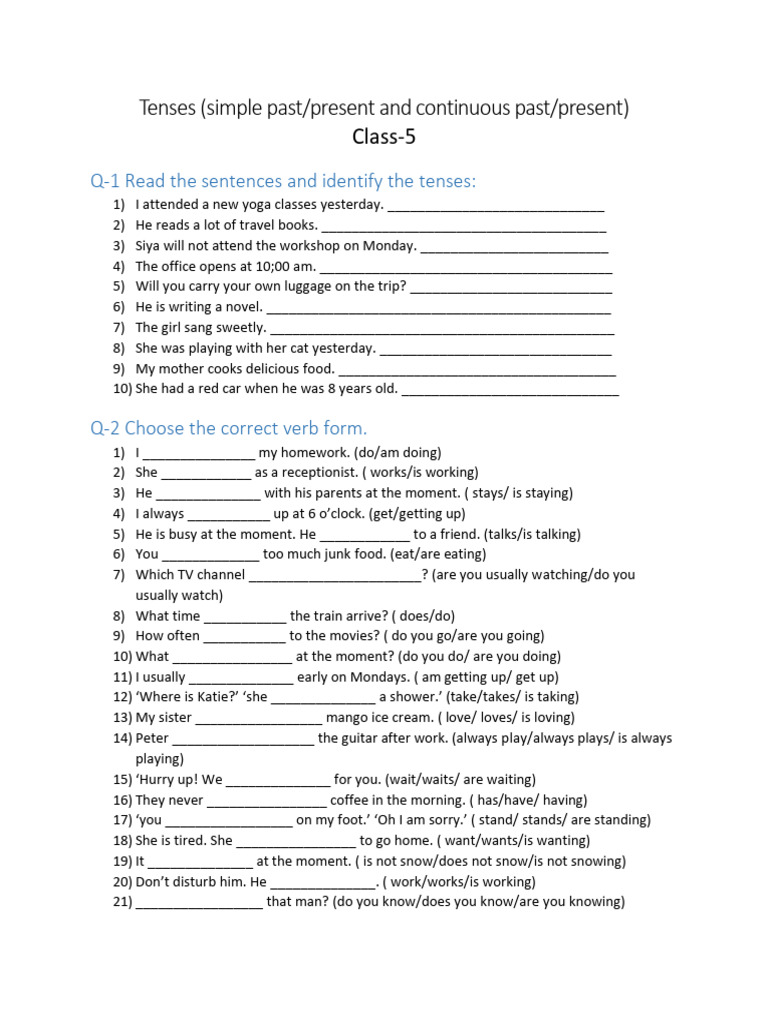 Class 5 Tenses Worksheet | PDF | Grammatical Tense