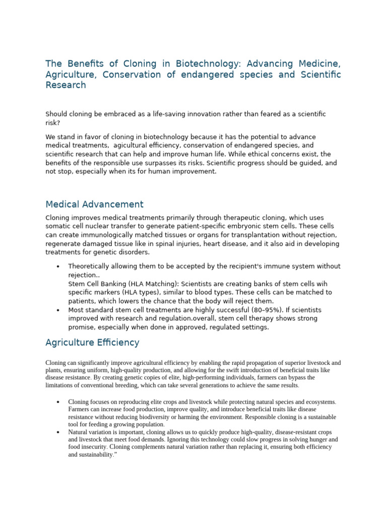 The Benefits of Cloning in Biotechnology | PDF | Stem Cell | Biodiversity