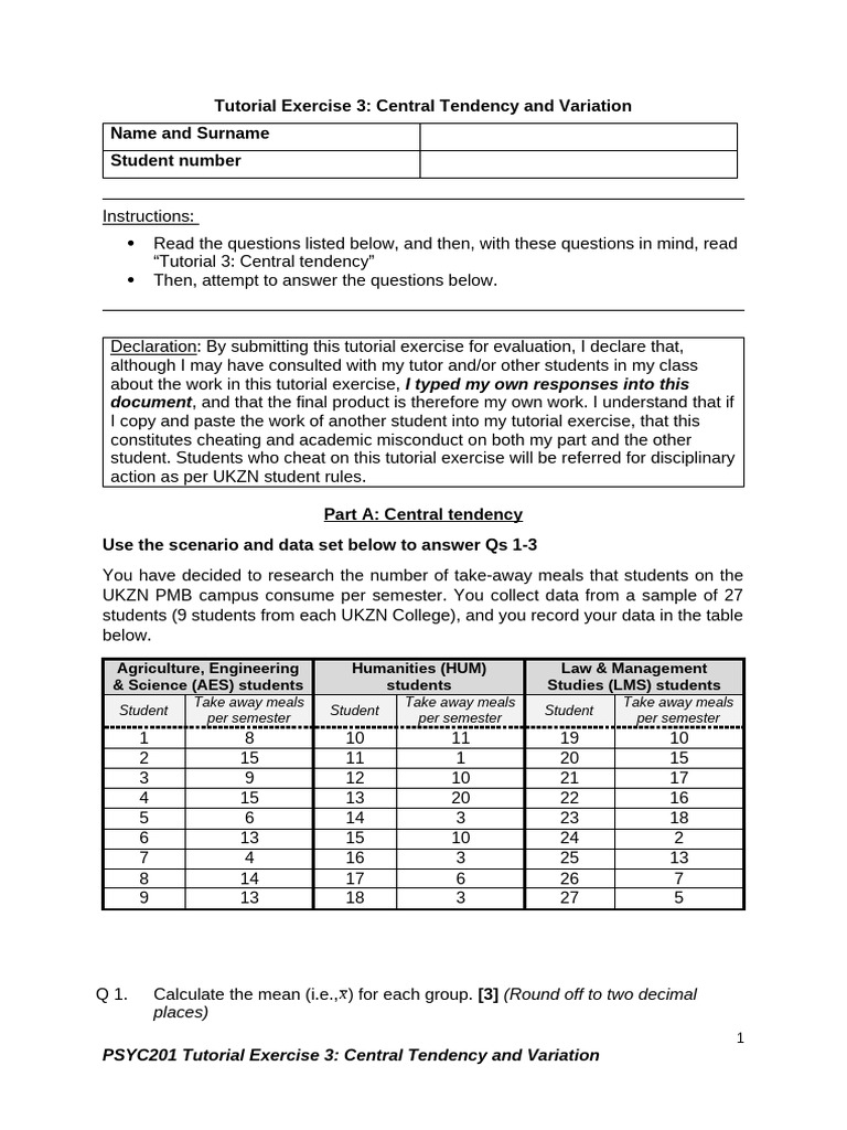 Tutorial Exercise 3 - Central Tendency and Variation | PDF | Variance ...