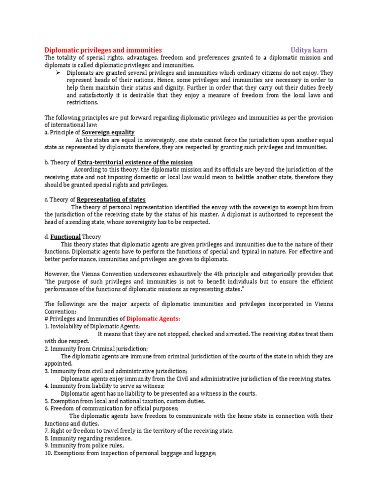 Diplomatic Privileges and Immunities | PDF | Diplomatic Mission | Diplomat