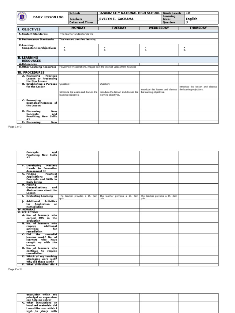 DLL Template | PDF | Learning | Teachers