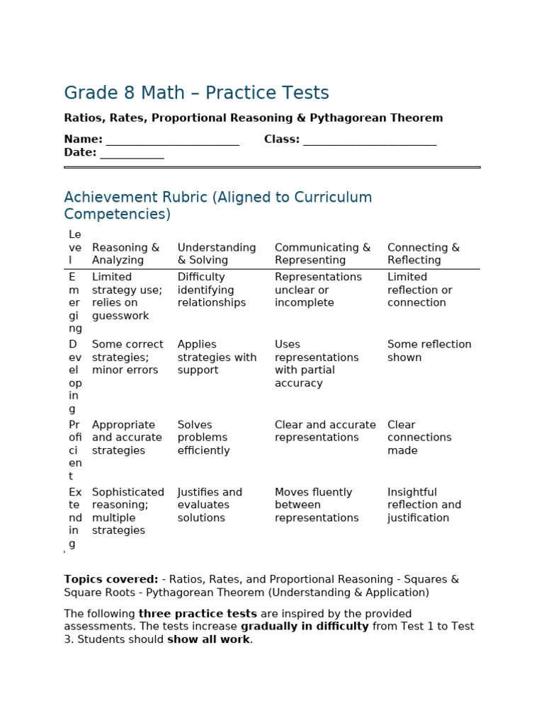 Grade 8 Math - Practice Tests (Ascending Difficulty) | PDF | Ratio | Area