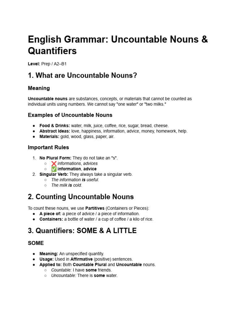 English Grammar: Uncountable Nouns & Quantifiers | PDF | Noun | Plural