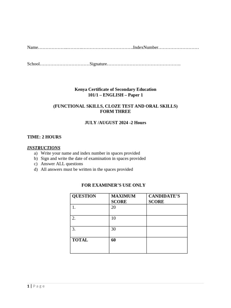 Form 3 English - Question Paper | PDF | Chicken