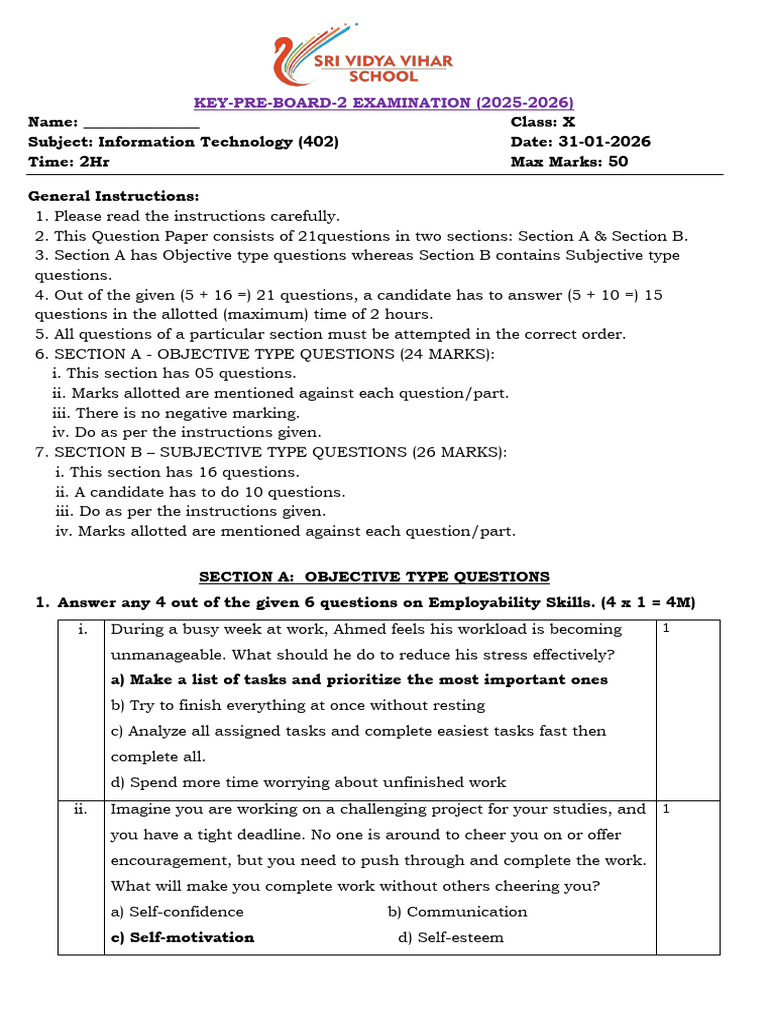 KEY G-X QP IT (402) PreBoard-II 2025-26 | PDF | Spreadsheet | Agriculture