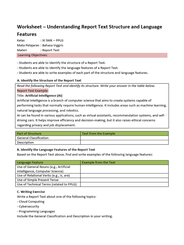 Worksheet Report Text Structure Language PPLG | PDF