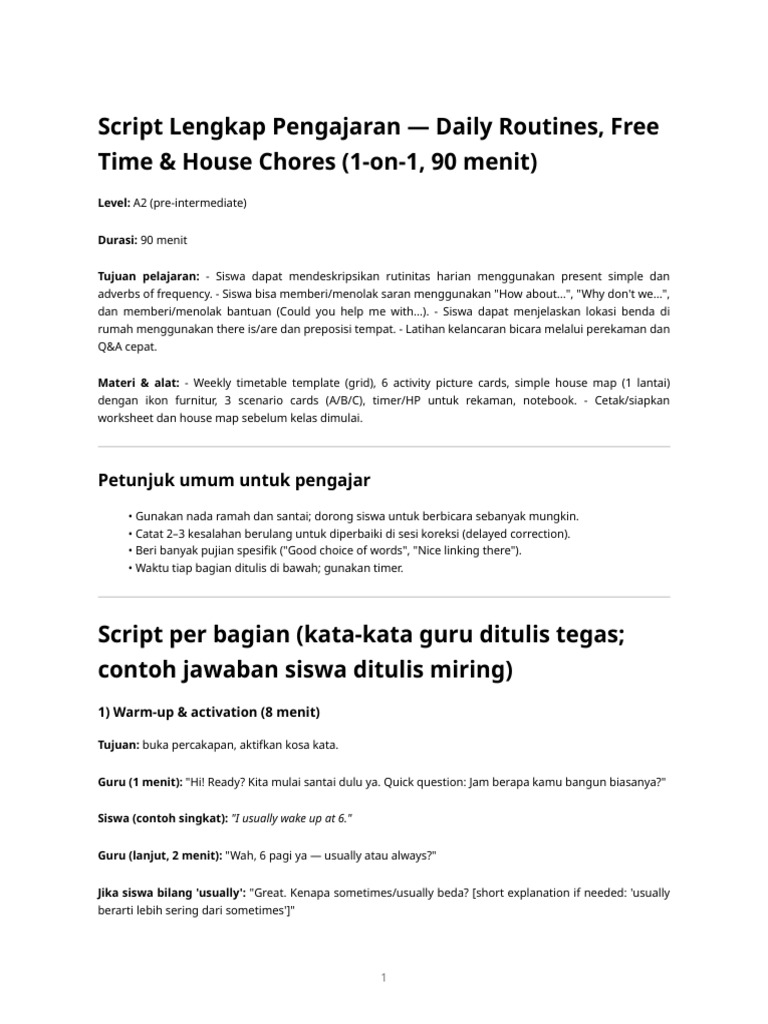 Full Teacher Script - Daily Routines & House Chores (90m) | PDF ...
