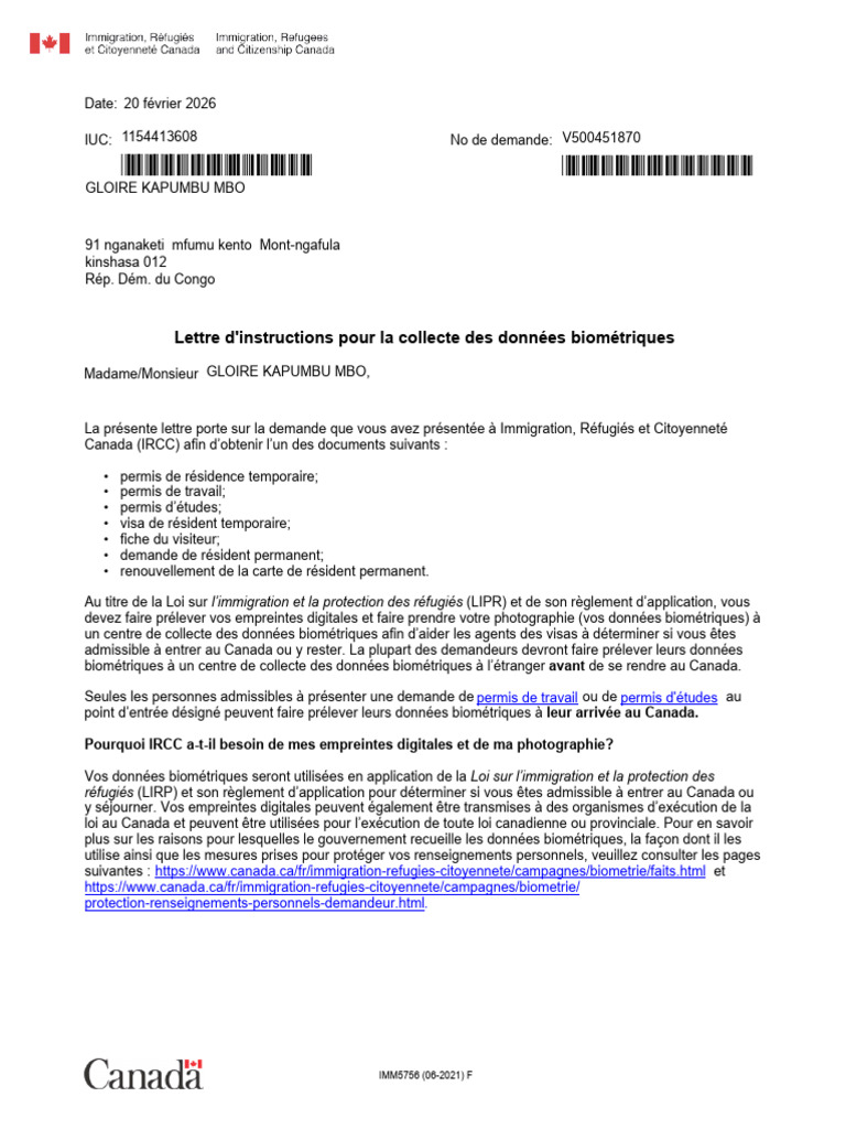 Biometrics Collection Letter | PDF