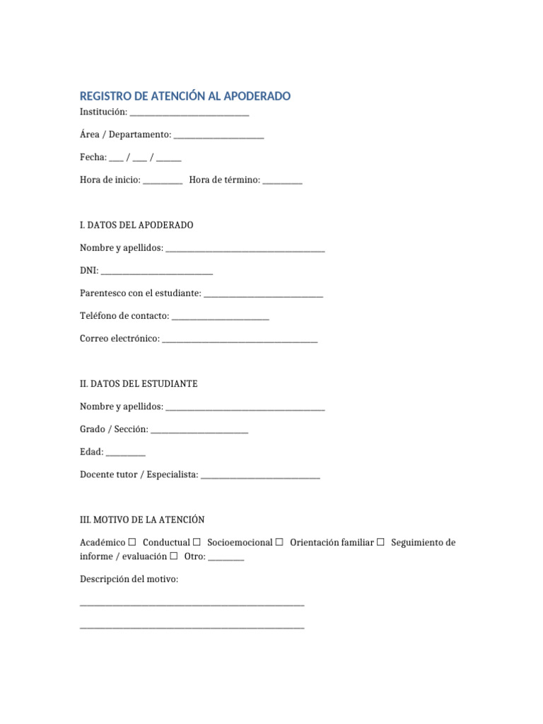Formato Atencion Al Apoderado | PDF