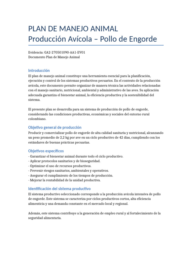 Plan de Manejo Animal 12 Paginas GA2 270501090 AA1 EV01 | PDF | Aves ...