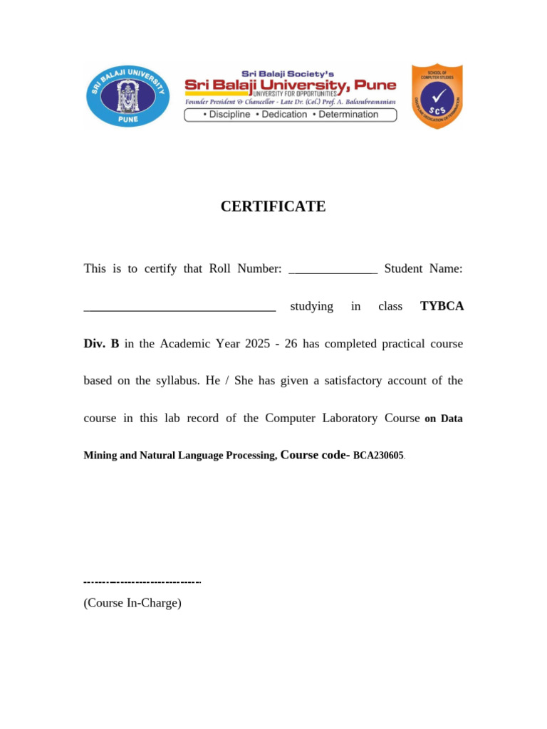 Certificate and Index - Lab On DMNLP-TYBCA SEM VI-FY 2025-26 | PDF ...