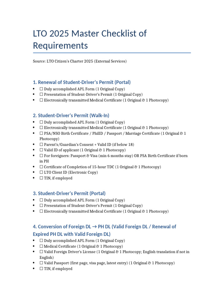 LTO Master Checklist 2025 All 23 | PDF | Driver's License | Travel Visa