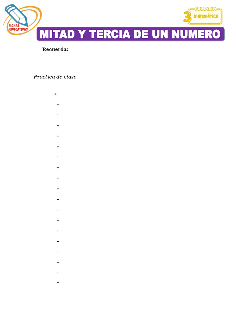 Mitad y Tercia de Un Numero para Tercero de Primaria | PDF