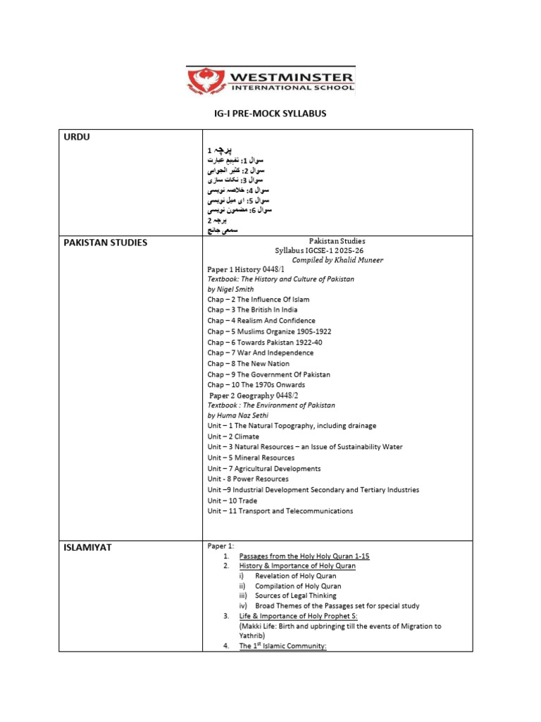 Pre Mock Ig 1 Syllabus | PDF | Quran | Islam
