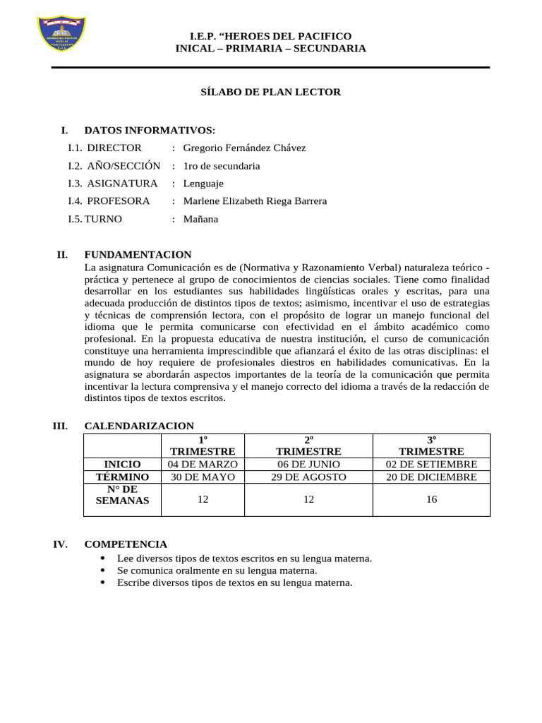Sílabo de Plan Lector 2025 | PDF | Comunicación | Comprensión lectora